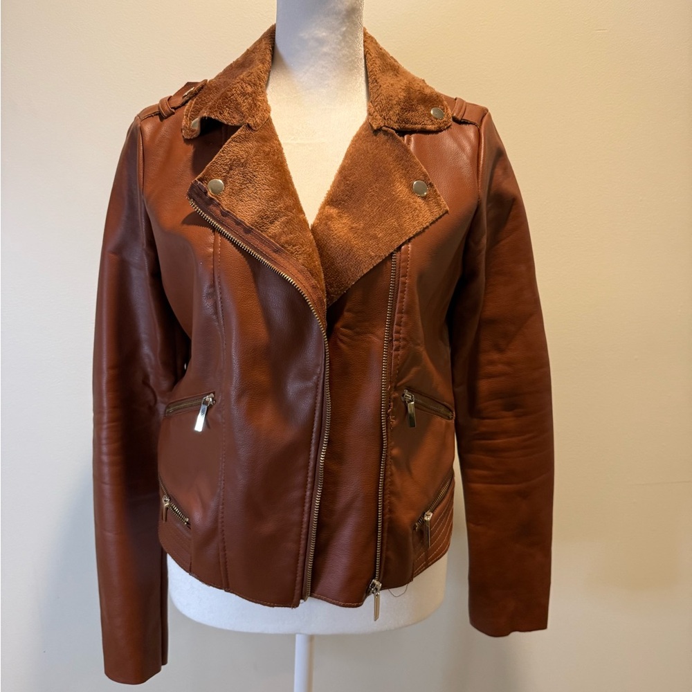 Women's Faux Brown Leather Moto Jacket Size Sm